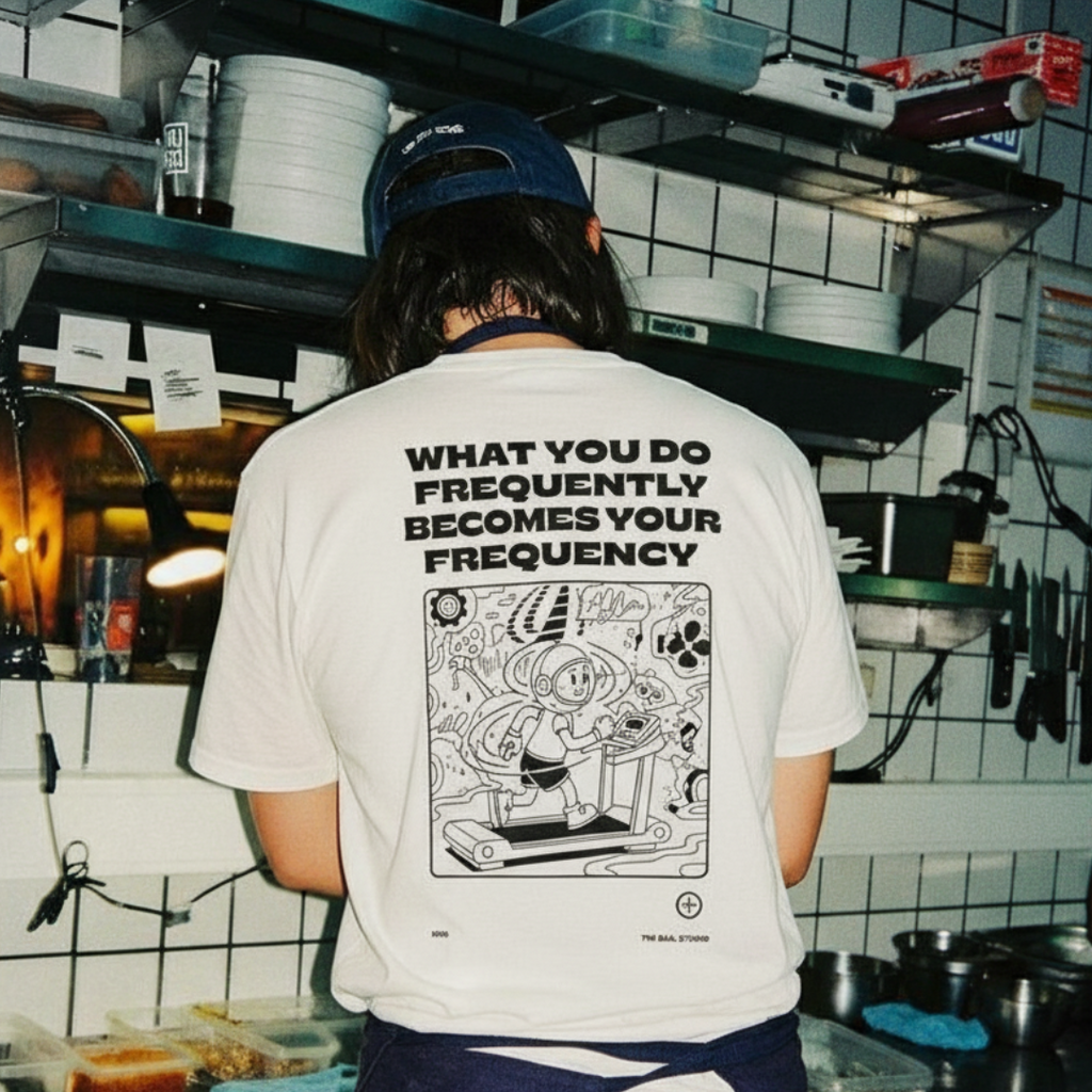 Person wearing a t-shirt with a graphic and text in a kitchen setting