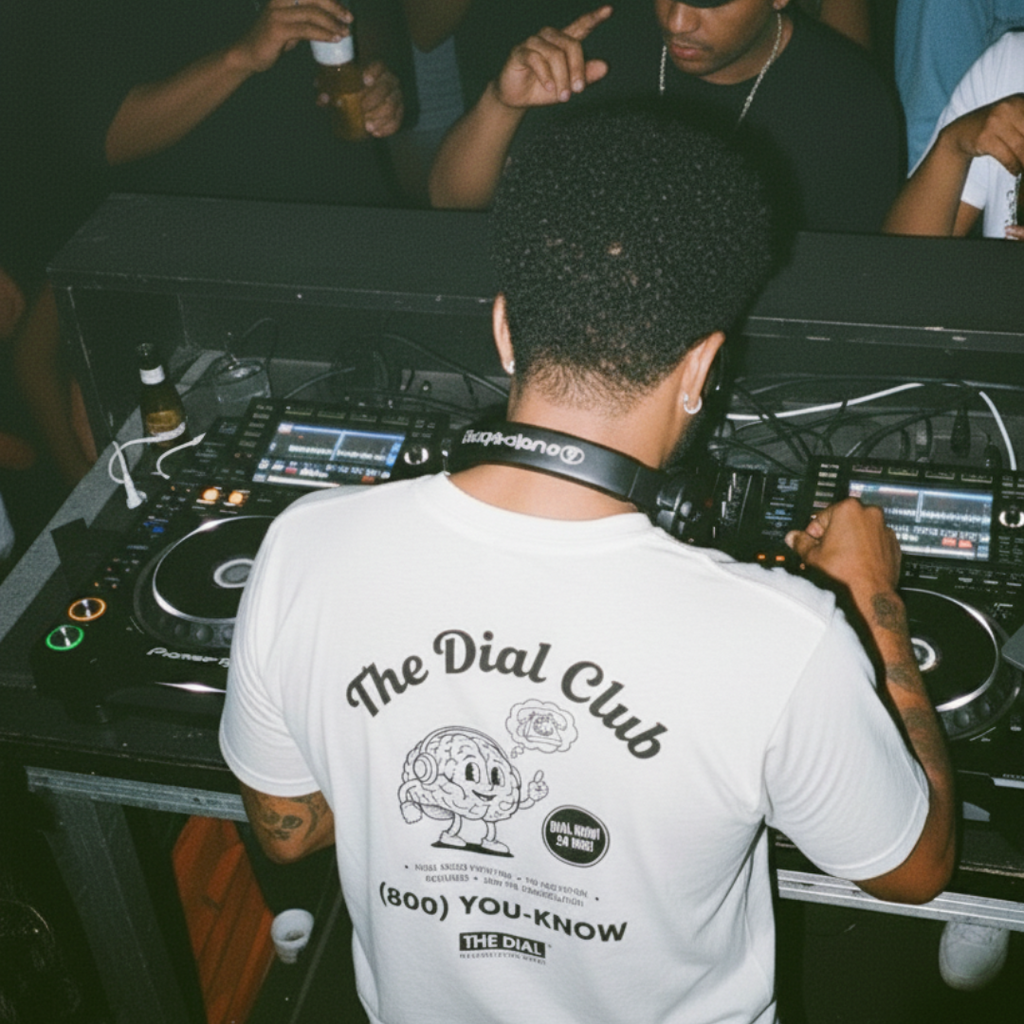 DJ operating equipment at a club event with 'The Dial Club' t-shirt